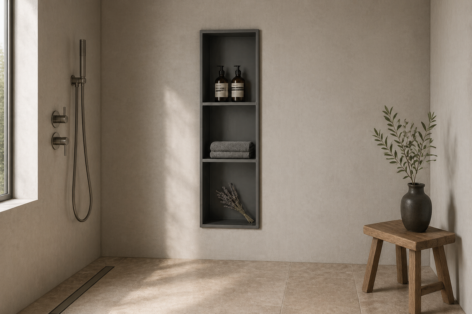 STALIA — recessed stainless steel niches in a microcement walk-in shower