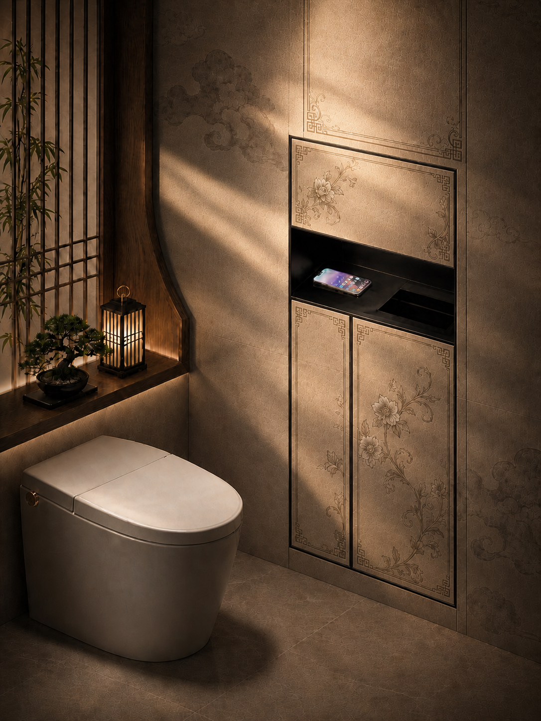 Recessed Toilet Niche — hidden storage in matte black powder-coat 304 stainless