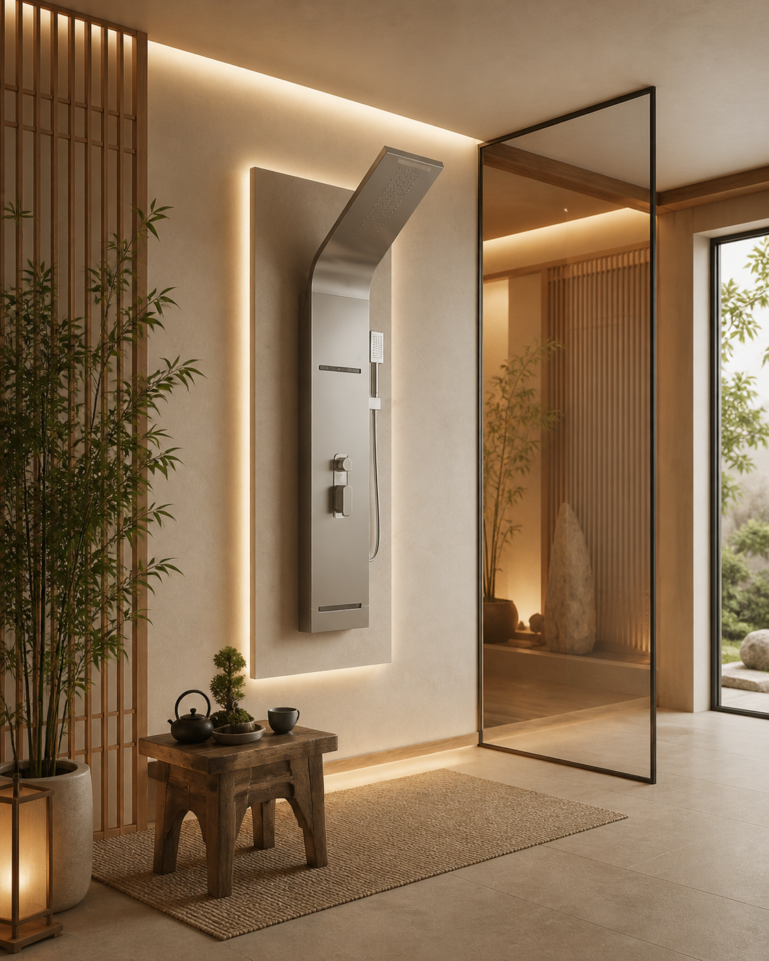 Stainless Steel Shower Panel — wall-mounted 304 SS rainfall + handheld + diverter